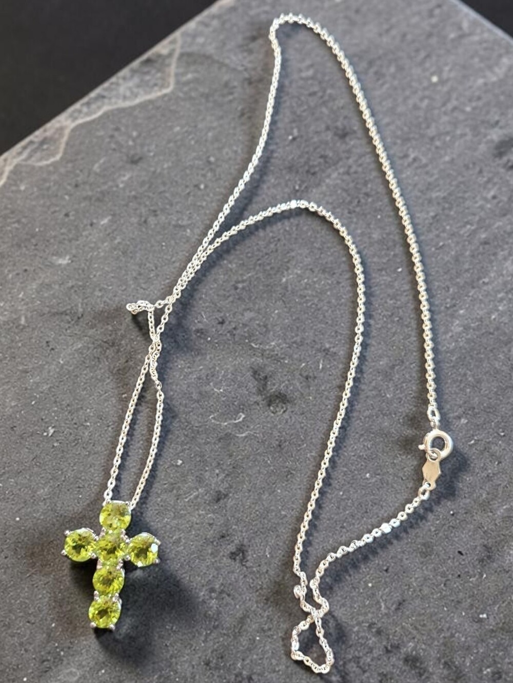 Sterling Silver Cross Necklace with Peridot-Green Pendant